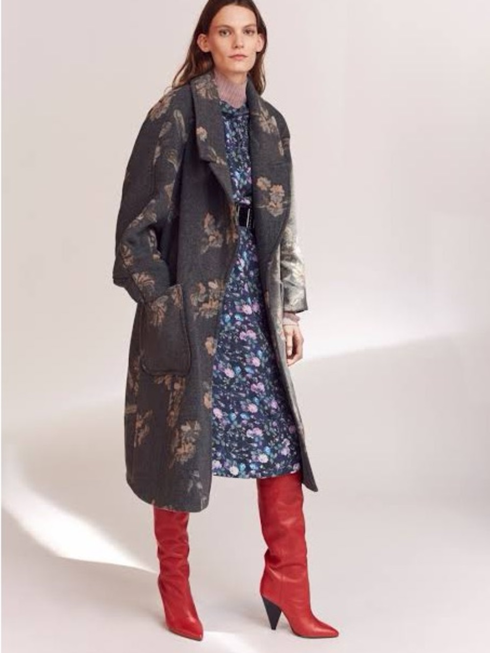 Rebecca Taylor Charcoal Gray Floral Jacquard Long Coat